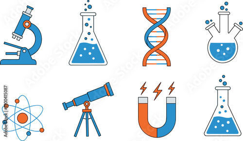 Set of vector science icons including microscope DNA atom and laboratory flasks isolated on white background for chemistry and biology education projects.