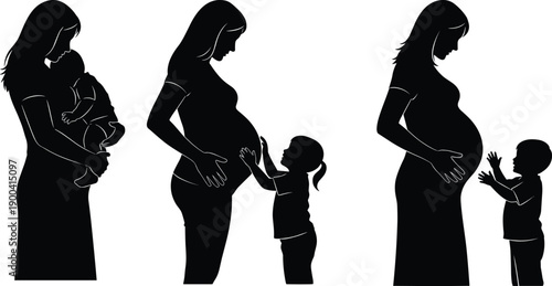 Set of vector silhouettes featuring pregnant mother holding newborn baby and kids touching belly isolated on white background for maternity family concept.