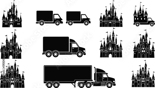 Vector collection of black silhouettes featuring medieval fairy tale castles with towers and heavy delivery cargo trucks for transportation and logistics design.