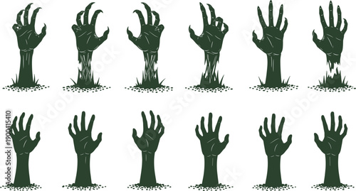 Vector set of spooky green zombie hands rising from the grave featuring decaying fingers and dirt for Halloween horror party invitations and decorations.