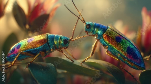 Two iridescent jewel beetles with metallic blue and gold coloration on foliage in macro detail