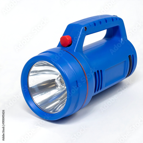 Blue plastic flashlight, red switch, with handle, on a white background
