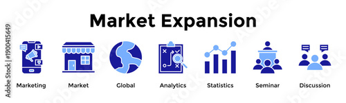 Market Expansion Icon Set. Containing Marketing, Market, Global, Analytics, Statistics, Seminar, Discussion