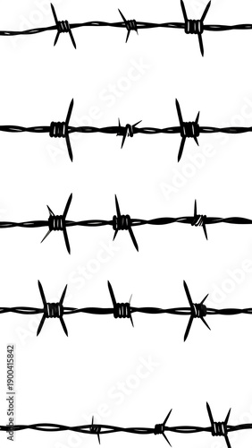 Five layers of repeating, stylized, black barbed wire on a stark white background
