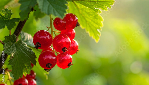 Glossy red currants hang from a green-leaved branch in dappled sunlight
