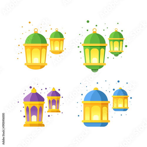 Colorful Islamic lantern illustration set with glowing lights, perfect for Ramadan, Eid celebration, Islamic decoration, holiday design, greeting cards, banners, and festive Muslim themes.