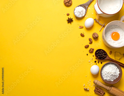 Baking ingredients flour, eggs, spices, nuts, bowls, spoons, & rolling pin on vibrant yellow background