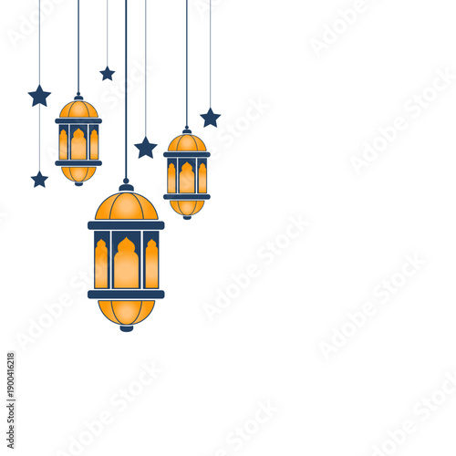 Golden Islamic lanterns and stars hanging decoration on white background. Elegant Ramadan Kareem and Eid Mubarak vector greeting card design element.