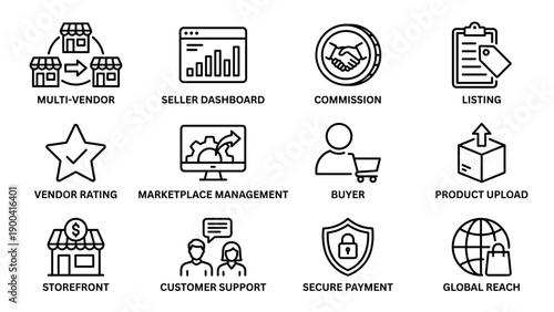 Set of 12 marketplace and vendor line icons: multi-vendor, seller dashboard, commission, listing, vendor rating, management, buyer, product upload, storefront, support, secure payment, global reach