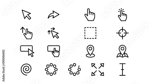 Professional collection of 16 minimalist cursor and pointer line icons featuring click, drag, select, hover, hand, location pin, map marker, loading spinner, resize, and text beam for UI design.