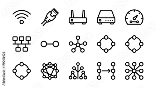 Professional set of 15 network and connectivity line icons featuring WiFi, ethernet cable, router, modem, bandwidth speed, and network topologies like star, mesh, ring, bus, tree, and hybrid.