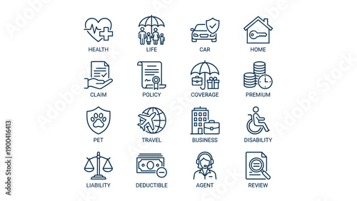 Comprehensive Set of 16 Insurance Line Icons Including Health, Life, Car, Home, Claim, Policy, Coverage, Premium, Pet, Travel, Business, Disability, Liability, Deductible, Agent, and Review Symbols.