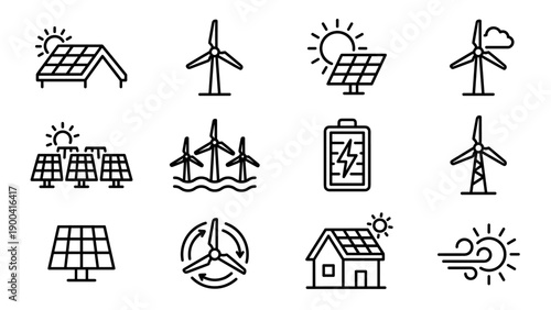 Set of 12 minimalist renewable energy line icons featuring solar panels, wind turbines, battery storage, and eco-friendly homes. Vector graphics for sustainable power and green technology concepts.