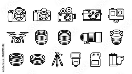 Comprehensive Set of Photography and Videography Line Icons Featuring DSLR Cameras, Lenses, Drones, Tripods, and Accessories in a Minimalist Vector Style for Graphic Design and Web Projects