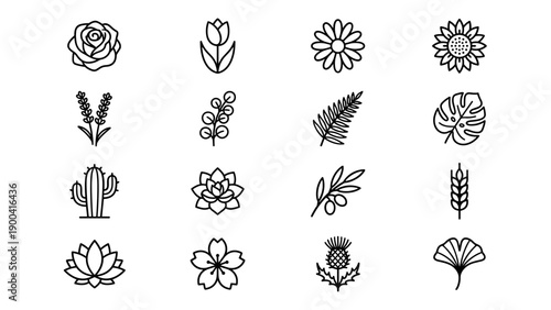 Set of 16 Minimalist Flower and Botanical Plant Line Icons Featuring Rose, Tulip, Sunflower, Monstera, Cactus, Lotus, and Wheat; Elegant Vector Illustration for Web, App, and Graphic Design.