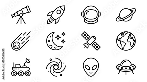 Set of 12 minimalist astronomy and space exploration line icons featuring rocket, telescope, astronaut helmet, Saturn, comet, moon, satellite, Earth, rover, galaxy, alien, and UFO vector graphics.