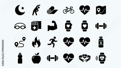 Set of 24 Flat Vector Fitness and Health Icons Featuring Nutrition, Exercise, Cardio, and Wellness Symbols Like Heart Rate, Running, Dumbbells, Smartwatch, Yoga Mat, and Healthy Food for Apps.