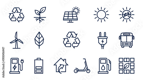 Sustainability and Green Energy Icon Set Featuring Vector Line Art for Renewable Power, Eco-Friendly Transport, Recycling Symbols, Solar Panels, Wind Turbines, and Electric Vehicle Charging.