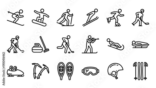 Collection of 18 Winter Sport and Equipment Line Icons Including Skiing, Snowboarding, Ice Hockey, Skating, Curling, Biathlon, Luge, Bobsled, Goggles, and Helmet in a Minimalist Vector Style.