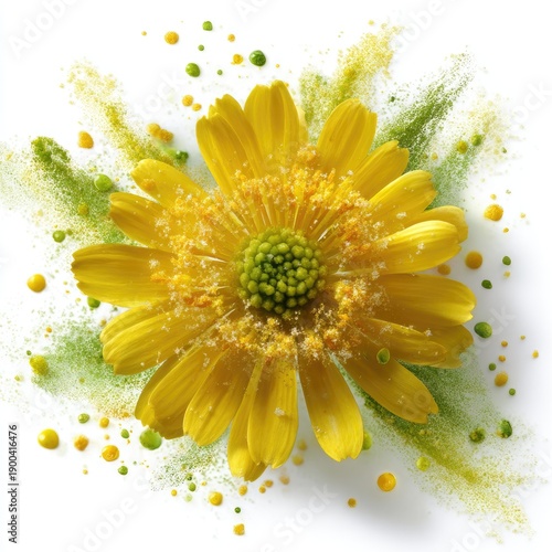 Vibrant Yellow Flower with Artistic Color Splashes on White Background, Perfect for Nature and Design Projects