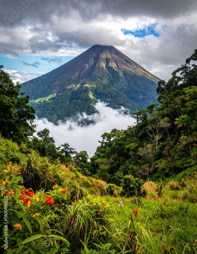 Majestic volcano rising through clouds, surrounded by lush green forest, framed by vibrant foliage