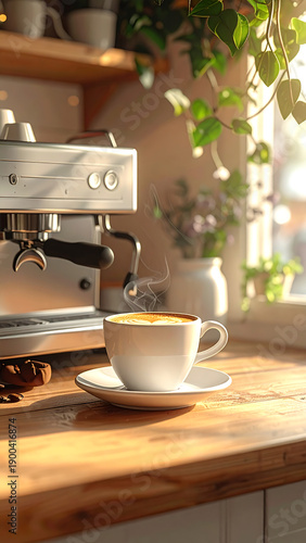 Cup of coffee steams near espresso machine on sunlit wooden counter with plants by window