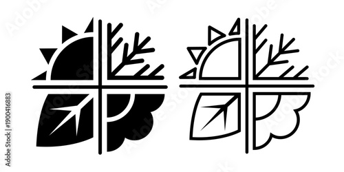 Season summer, autumn, winter, spring, all season, all terrain black line icon set. Season icons, label, sticker, banner, symbol, sign, emblem, logo, badge, web. Vector illustration.