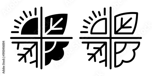 Season summer, autumn, winter, spring, all season, all terrain black line icon set. Season icons, label, sticker, banner, symbol, sign, emblem, logo, badge, web. Vector illustration.