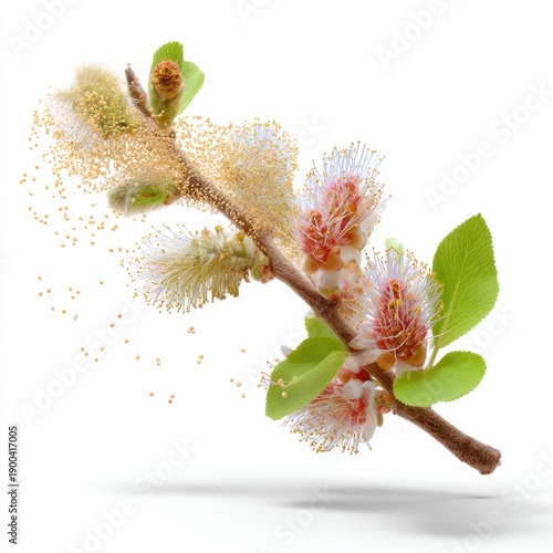 Softly Floating Flower Branch with Delicate Blooms and Leaves Surrounded by Glowing Pollen Particles in Bright Light