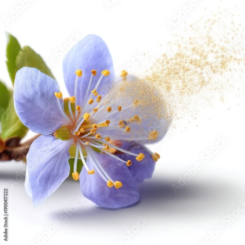 Delicate Purple Blossom Releasing Golden Pollen in Radiant Light with Fresh Green Leaves in the Background