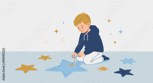 Creative Child Crafting Stars Illustration Depicting Childhood Creativity and Imagination