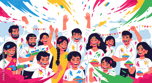 Vibrant crowd of people celebrating with colorful powder in joyful atmosphere