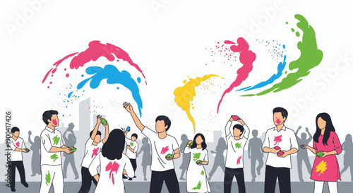 Group of people celebrating with colorful powder in a lively urban environment from a frontal viewpoint