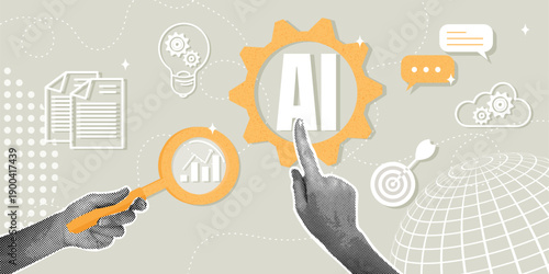 Data analysis and artificial intelligence. A trendy halftone collage. Concept for task automation, assisted by artificial intelligence.