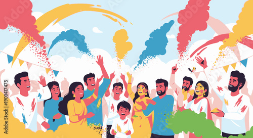 Vibrant group of people celebrating with colorful powder in a lively atmosphere from a frontal viewpoint