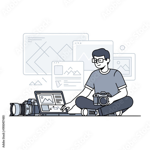 Creative Freelance Photographer Editing Images on Laptop Surrounded by Camera Equipment