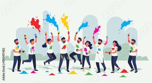 Group of people joyfully celebrating Holi festival with colorful powder, throwing vibrant hues in the air, outdoors, illustration
