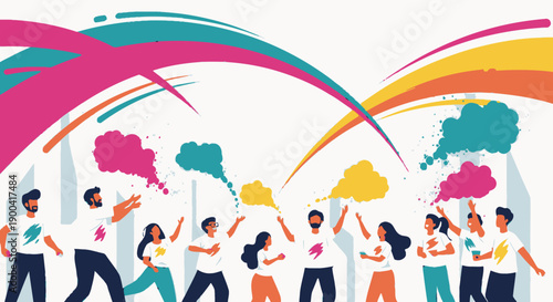 Vibrant celebration with people dancing and throwing colorful powder in the air, capturing a lively atmosphere and joyful spirit