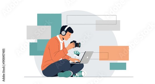 Creative Freelancer Editing Photography On Laptop While Listening To Music