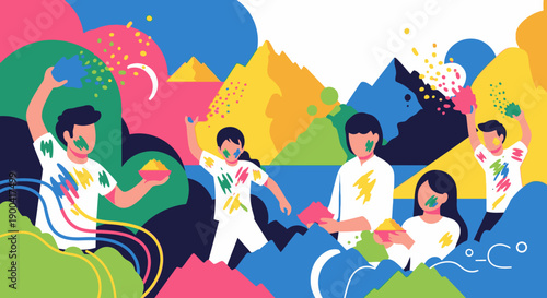 Vibrant group of young friends playing with colorful powder paint together outdoors in a lively landscape view