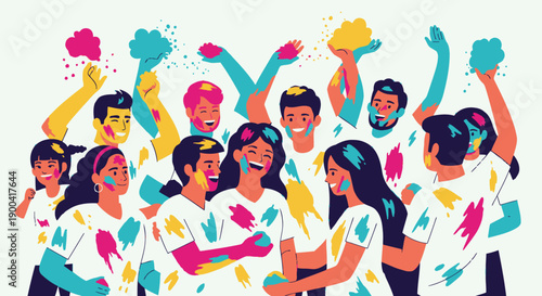 A group of people celebrating Holi festival together, covered in colorful powder, joyful atmosphere, vibrant scene, lively illustration