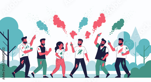 Group of people walking together in a park, celebrating with colorful speech bubbles, viewed from the side in a lively illustration