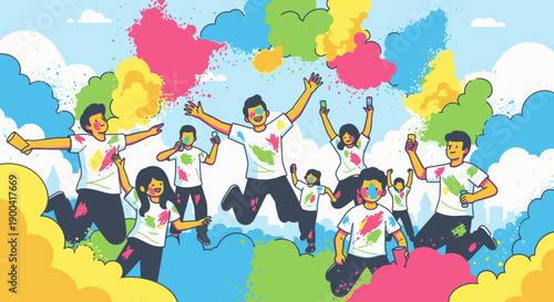 Vibrant group of people jumping amidst colorful powder in the air, celebrating a joyful event with enthusiasm and excitement