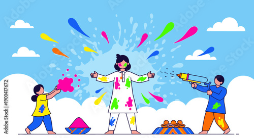 Vibrant Holi celebration scene with people throwing colorful powders in the air, enjoying a festive moment together, illustrated in a lively atmosphere
