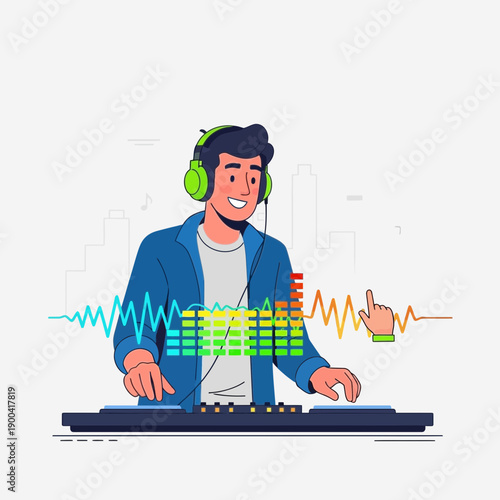 Creative Dj Mixing Music With Sound Waves And Cityscape Background