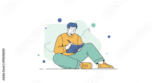 Creative Man Writing In Notebook Relaxed Pose Minimalist Flat Illustration
