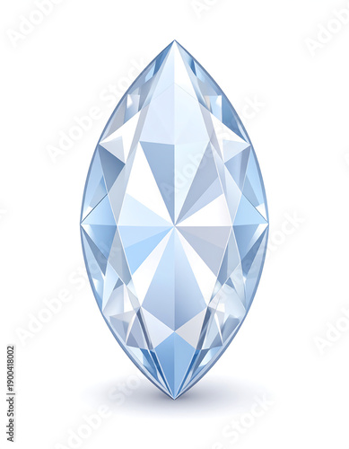 Marquise cut gem with blue tint and many facets, centered and upright on white