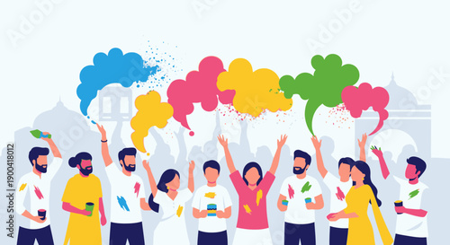 A group of people celebrating with colorful balloons in a joyful atmosphere