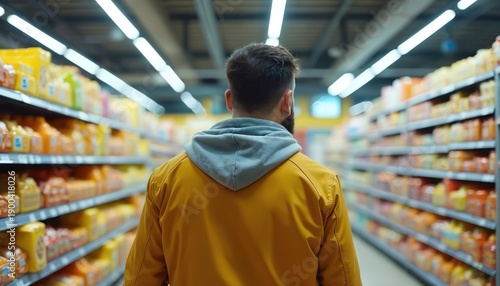 Man walks through bright supermarket aisle with shelves full of packaged goods. He considers purchasing food. Blurred background focuses on consumer choices.