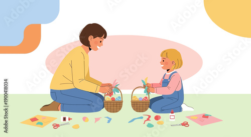 Creative Mom And Child Working Together On Easter Crafts And Basket Decorations